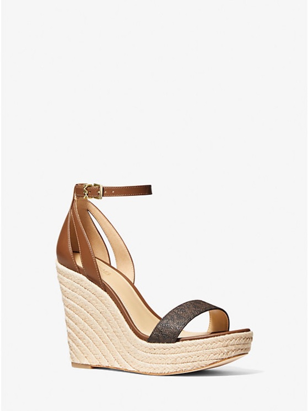 Michael Kors Tan Leather Espadrille Wedge Sandals with Dark Metallic Toe Strap